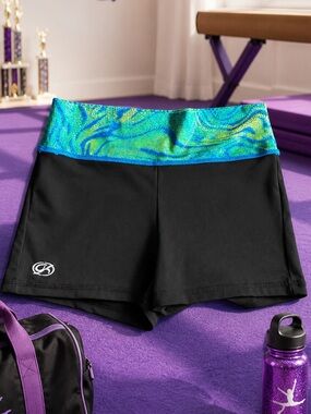 NWT GK Elite Gymnastics Shorts Blue Green Hologram Waistband AXL Micro Booty